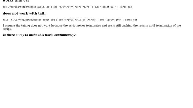 How to continuously tail a log, find all files (sed), and display (cat) the found files? смотреть онлайн