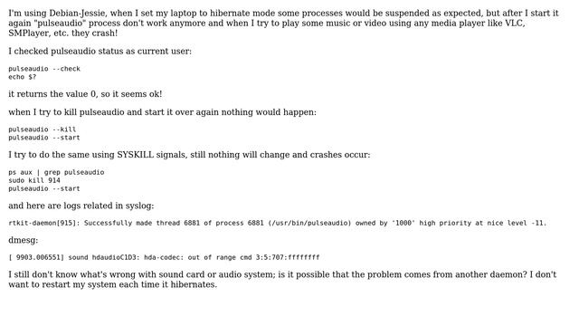 Unix & Linux: pulseaudio stops working after hibernation смотреть онлайн
