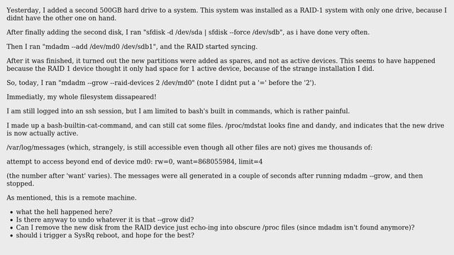 DevOps & SysAdmins: Remote system's filesystem disappeared after "mdadm --grow 2 /dev/md0"? смотреть онлайн