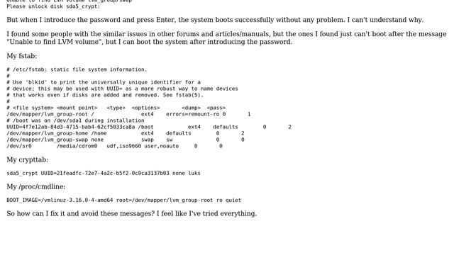 Unix & Linux: Debian error message: "Unable to find LVM volume", but then boots successfully смотреть онлайн