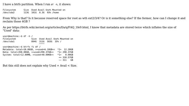 When using btrfs, why "Size", "Used" and "Avail" values from df do not match? смотреть онлайн