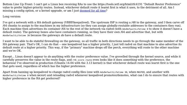 DevOps & SysAdmins: Can Linux be made to honour IPv6 Route Advertisement preferences? смотреть онлайн