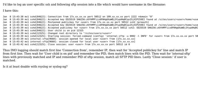 DevOps & SysAdmins: rsyslog/syslog-ng pattern to log ssh and related sftp session for an user смотреть онлайн