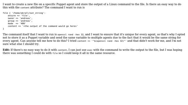 How can I store the output of a Linux command in a Puppet file? смотреть онлайн