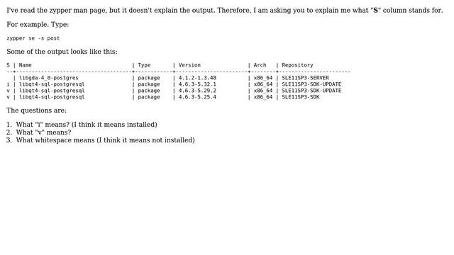 Unix & Linux: What "i" and "v" indicates in the zypper output? смотреть онлайн