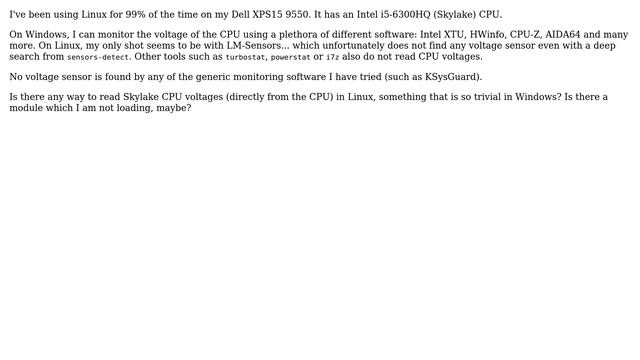 Unix & Linux: How to monitor CPU voltage for a Dell XPS15 9550 (Skylake i5-6300HQ) under Linux? смотреть онлайн