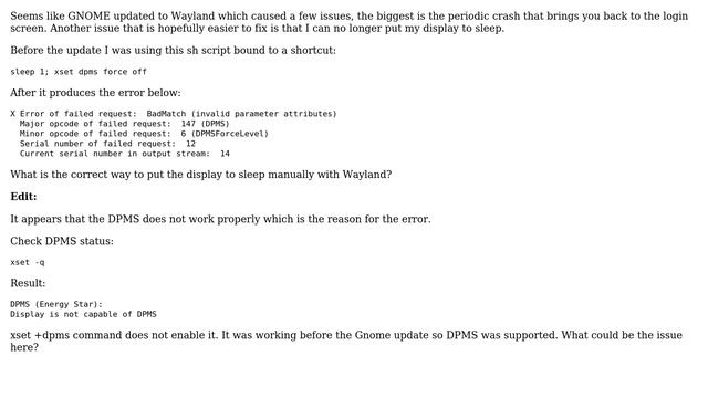 Unix & Linux: Display is not capable of DPMS After GNOME Wayland update смотреть онлайн