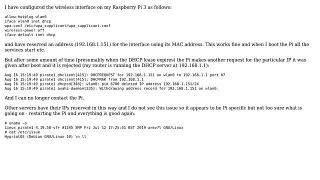 Raspberry Pi: Wireless interface removed when DHCP lease expires смотреть онлайн