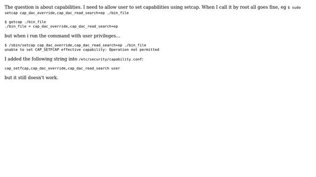 Unix & Linux: Unable to set capability CAP_SETFCAP by user (2 Solutions!!) смотреть онлайн