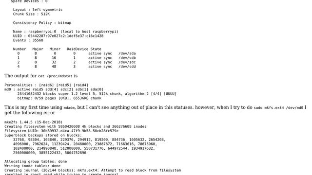 Unix & Linux: Can't create filesystem on a freshly made raid5 using mdadm смотреть онлайн