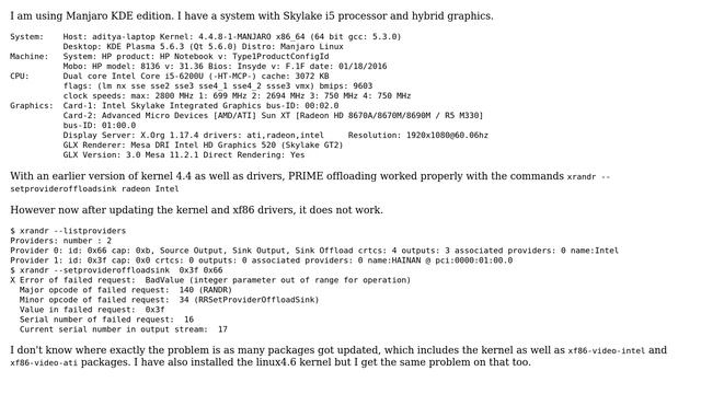 Unix & Linux: Getting error while using xrandr --setprovideroffloadsink in Manjaro after update смотреть онлайн