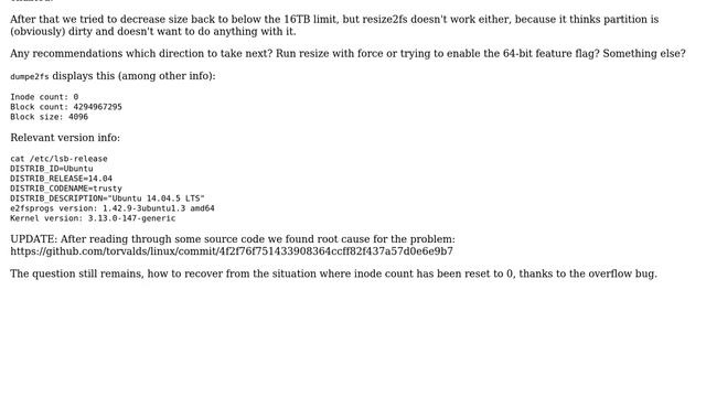 Ubuntu: Accidentally resized ext4fs over 16TB limit, how to rollback? смотреть онлайн