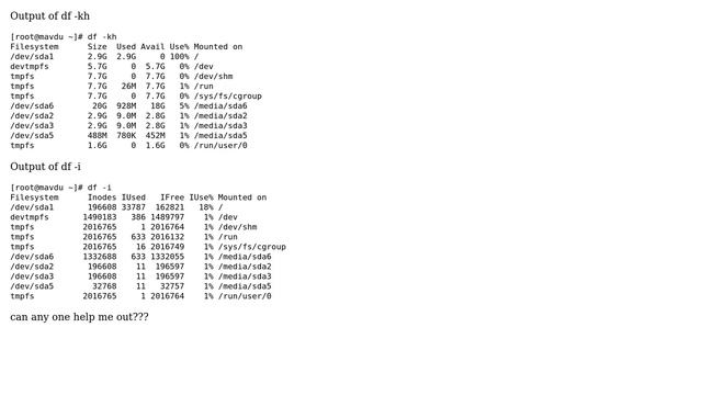 df -kh command in linux is showing 100% storage but df -i showing 18% storage why it is happening? смотреть онлайн