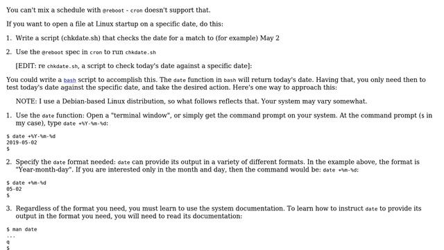 Unix & Linux: How do I use Crontab to open a file at Linux startup only on a specific date? смотреть онлайн