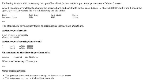Process specific ulimit still low after changes to soft and hard ulimits смотреть онлайн