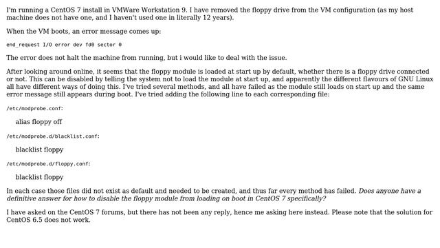 Unix & Linux: How does one disable the floppy module from loading on boot in CentOs7? смотреть онлайн