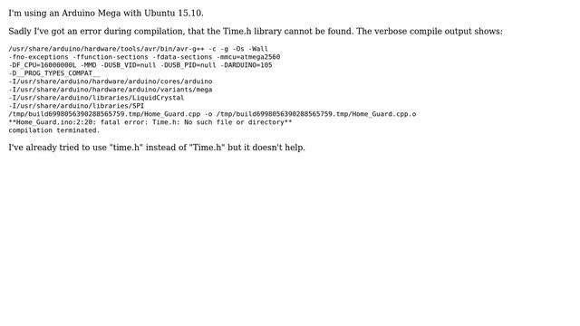 Arduino: Arduino Mega, Ubuntu, Time.h: No such file or directory смотреть онлайн