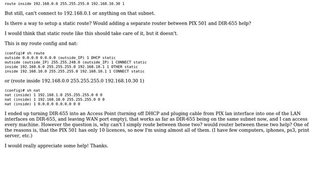 Pix 501, Static Route To D-link Router (different Subnet)