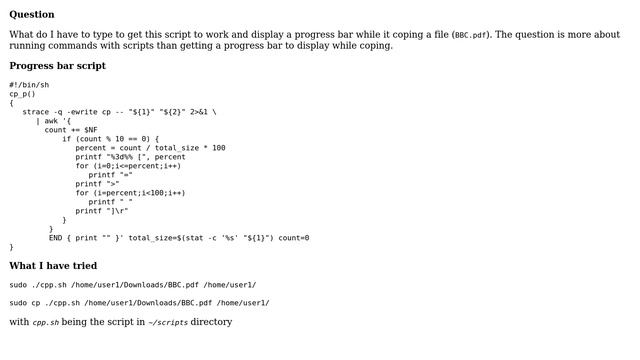 Unix & Linux: How to use a (copy) command with a (progress bar) script? смотреть онлайн