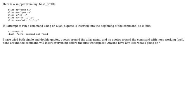 Unix & Linux: .bash_profile taking in quotes into beginning of alias смотреть онлайн
