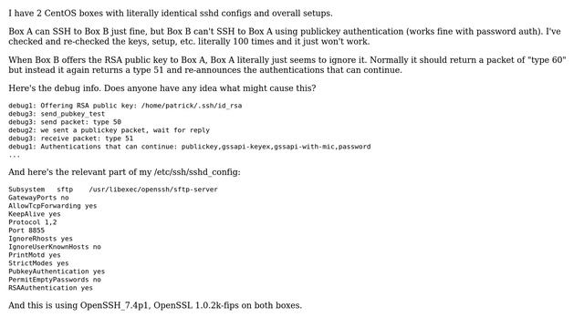 2 CentOS boxes - one can't SSH to the other using publickey auth? смотреть онлайн