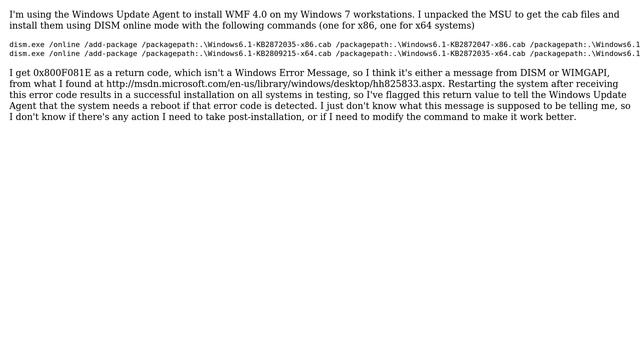 What does DISM Return Code 0x800F081E mean when installing WMF 4.0 on Windows 7 machines? (online) смотреть онлайн
