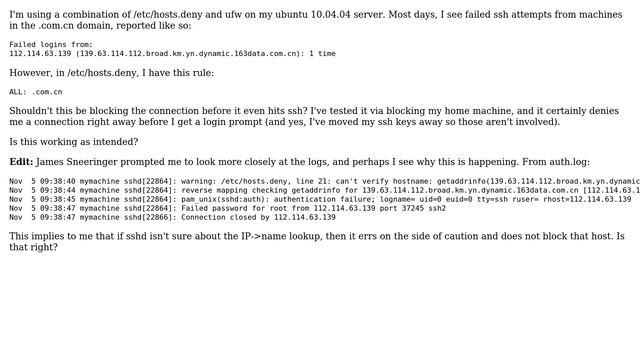 DevOps & SysAdmins: shouldn't /etc/hosts.deny be intercepting this before it hits ssh logs? смотреть онлайн
