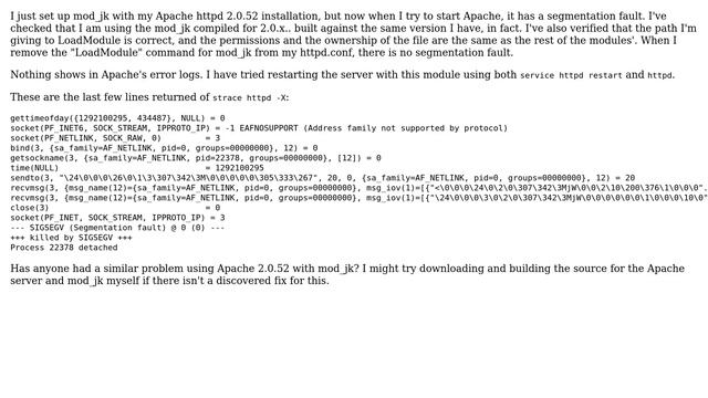 Apache HTTPD - Segmentation fault when loading mod_jk module смотреть онлайн