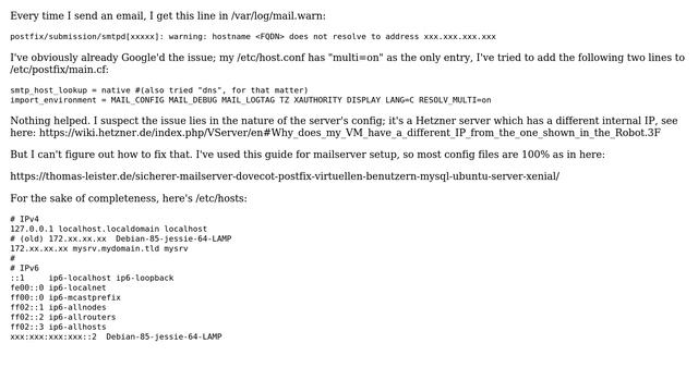 Postfix warning when sending mail: hostname ＜FQDN＞ does not resolve to address xxx.xxx.xxx.xxx смотреть онлайн