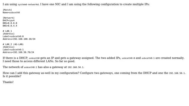 Unix & Linux: systemd-networkd one NIC, multiple IPs, two gateways смотреть онлайн
