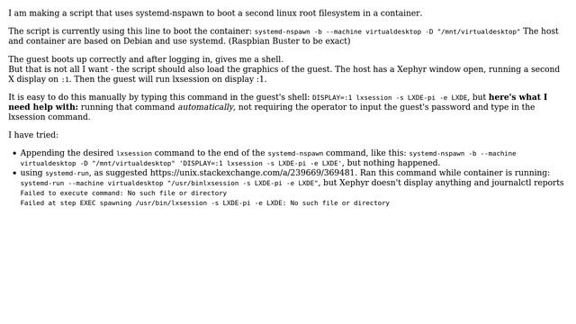 Unix & Linux: Systemd-nspawn boot container, then run lxsession automatically; How to do this? смотреть онлайн