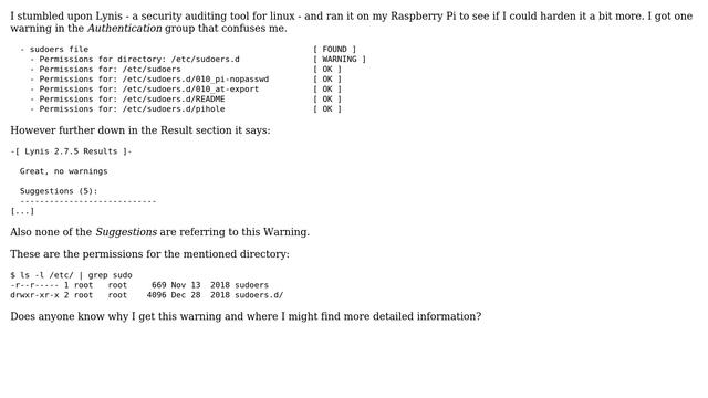 Unix & Linux: Why do I get a warning for the sudoers.d when doing an audit with Lynis? смотреть онлайн
