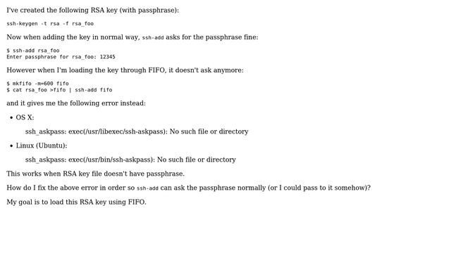 Unix & Linux: How to force ssh-add to ask passphrase when loading RSA key from FIFO? смотреть онлайн