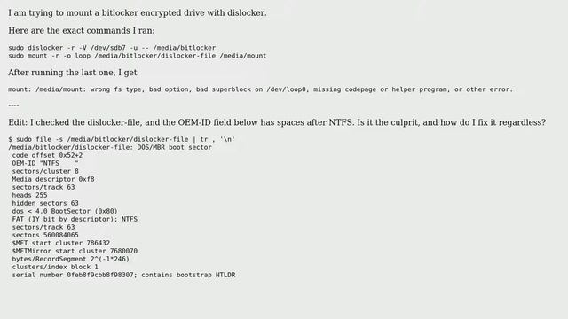 Unix & Linux: Cannot mount dislocker-file loop: wrong fs type, bad option, bad superblock смотреть онлайн
