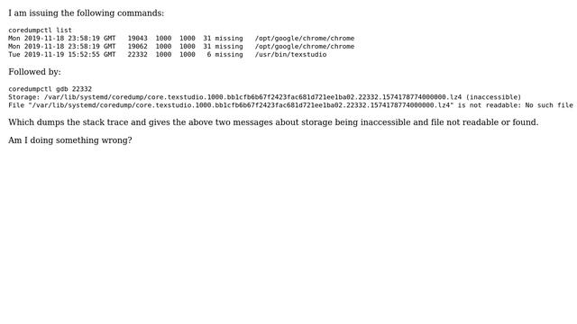 "coredumpctl" cannot read core dump, gives message file is not readable смотреть онлайн
