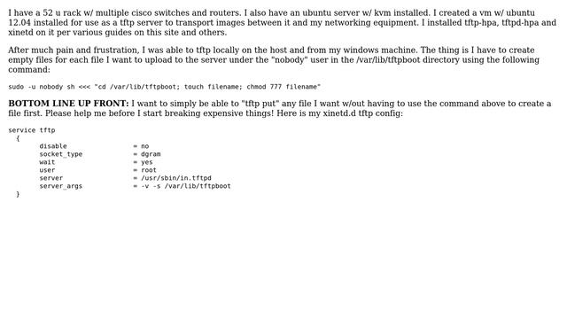 Ubuntu: How to configure tftpd-hpa to allow upload of new files? смотреть онлайн