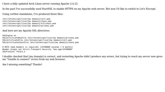 DevOps & SysAdmins: Let's Encrypt w/ Apache 2.4.23 on Arch Linux produces "can't connect" error смотреть онлайн