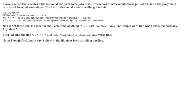 Ubuntu: Cron not running scripts, no errors in /var/log/syslog смотреть онлайн