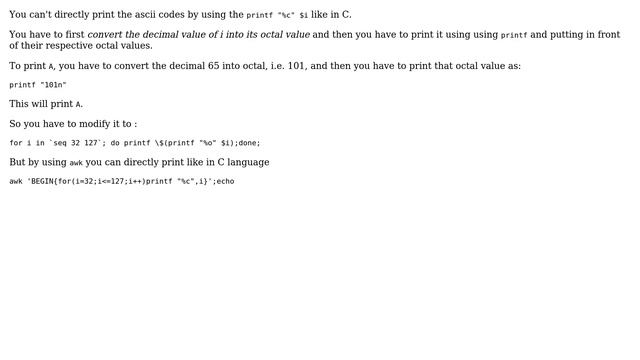 Unix & Linux: Printing decimal to ascii character, my command does not output as intended смотреть онлайн