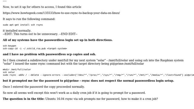 Ubuntu: Ubuntu 16.04 rsync via ssh prompts me for password, how to make it a cron job? смотреть онлайн