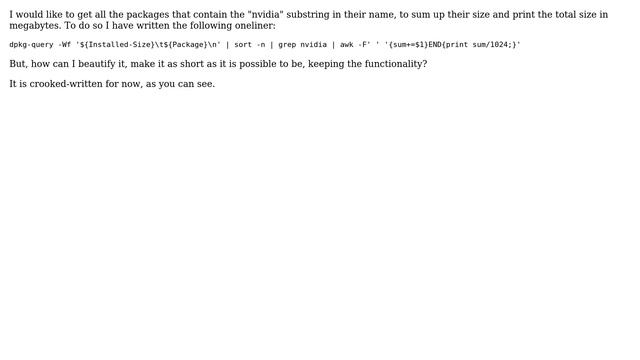 Unix & Linux: Sum the installed sizes of packages matching a substring смотреть онлайн