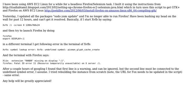 AWS EC2 Linux headless Firefox issue: Xvfb: undefined symbol: pixman_glyph_cache_create смотреть онлайн