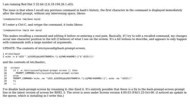 In GNU Screen, Recalled bash history command displays one character position to the left of... смотреть онлайн