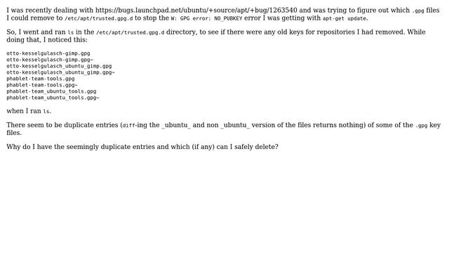 Ubuntu: Seemingly duplicate trusted GPG keys in /etc/apt/trusted.gpg.d смотреть онлайн