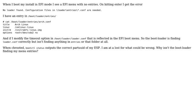 Unix & Linux: EFI No loader found. Configuration files in loaderentries\*.conf are needed смотреть онлайн