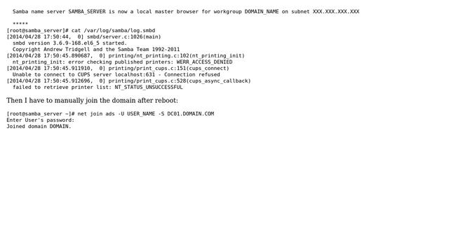 Samba server authenticating against Active Directory. Is it possible to reboot and still connect... смотреть онлайн