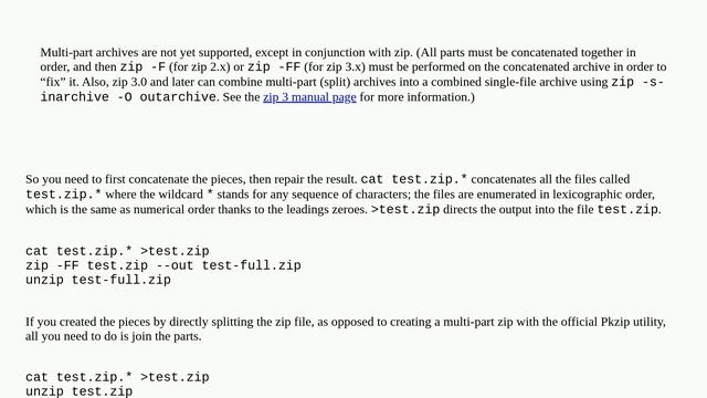 Unix: How to unzip a multipart (spanned) ZIP on Linux? смотреть онлайн