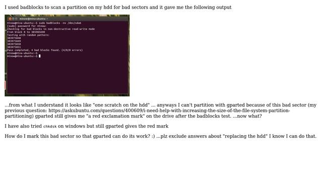 Ubuntu: Removing a bad sector from an NTFS partition. Badblocks gave me an output. now what? смотреть онлайн