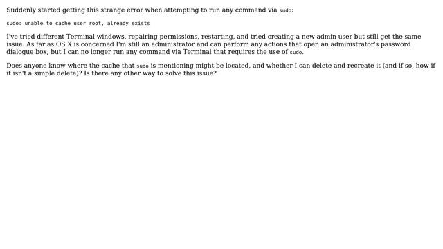 Apple: sudo: unable to cache user root, already exists смотреть онлайн