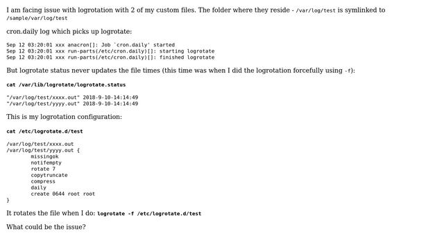 Log rotation not happening with cron job- files are symlinked and forceful log rotation works смотреть онлайн